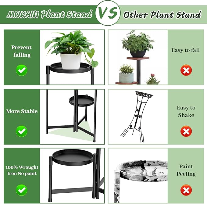 MOKANI Metal Plant Stand Indoor Outdoor for Multiple Plants, 3 Tiered Folding Corner Shelf Tall Flower Pot Holder Display Rack for Patio Living Room Balcony Garden, Black-VerdiqueGarden