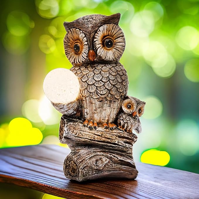 Garden Decor Owl Statues Fall Decorations for Outdoor,Resin Owl Figurines with Solar Lighted Ball- Owl Gardening Gifts for Women Owl Lawn Ornaments for Patio Decor Yard Decoration-VerdiqueGarden