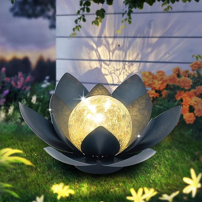 Huaxu Solar Lights Outdoor Garden Decor Crackle Glass Globe Lotus Flower Gray Metal Waterproof Light for Patio, Lawn, Walkway, Tabletop, Ground,Christmas Gifts for Mom,Women-VerdiqueGarden