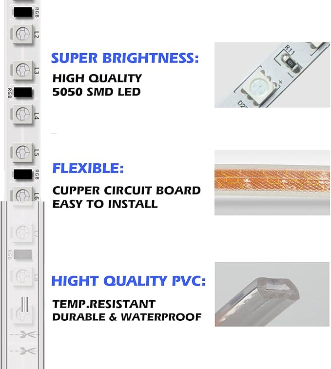 5050-60 Type AC 110-120V White LED Strip Lights, Flexible/Waterproof/Dimmable/Multi-Modes LED Rope Light + 23 Keys Remote for Home/Garden/Building Decoration (98.4ft/30m, White 6000K)-VerdiqueGarden