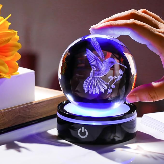 YWHL 3D Crystal Ball Hummingbird Figurine with LED Base, Hummingbird Gifts for Women Men Hummingbird Lovers on Christmas Birthday, Hummingbird Ornament Glass Decorative Ball for Home Decor (80mm)-VerdiqueGarden