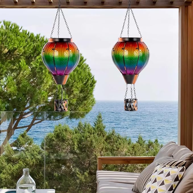 Starsoul 2PCS Hot Air Balloon Solar Lantern Colorful Solar Hot Air Balloon Lantern with Flame Light Waterproof Hanging Outdoor Lantern with Candle Holder for Patio Garden Yard Farmhouse Decor-VerdiqueGarden