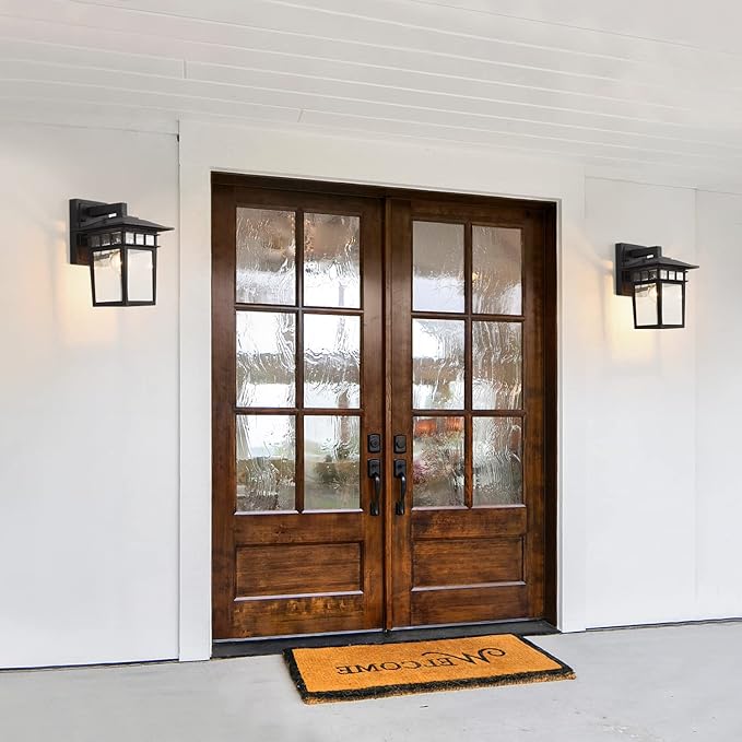 Outdoor Wall Lantern, Exterior Lighting Fixtures Wall Mount, 2 Pack Black Outdoor Sconce with Seeded Glass, Exterior Porch/Patio Lights for House Front Door Garage-VerdiqueGarden