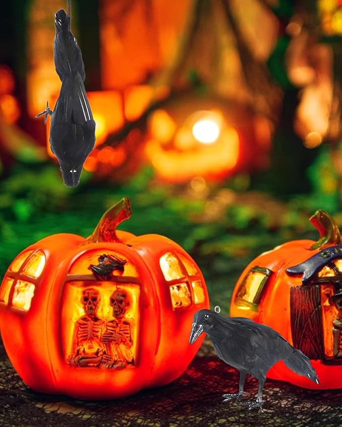 Hanging Dead Crows, 13 Inches Life-Size Raven, Realistic Handmade Fake Decoy for Garden Christmas Halloween Decorations [Face Up+Face Down+Stand] 2PC-VerdiqueGarden