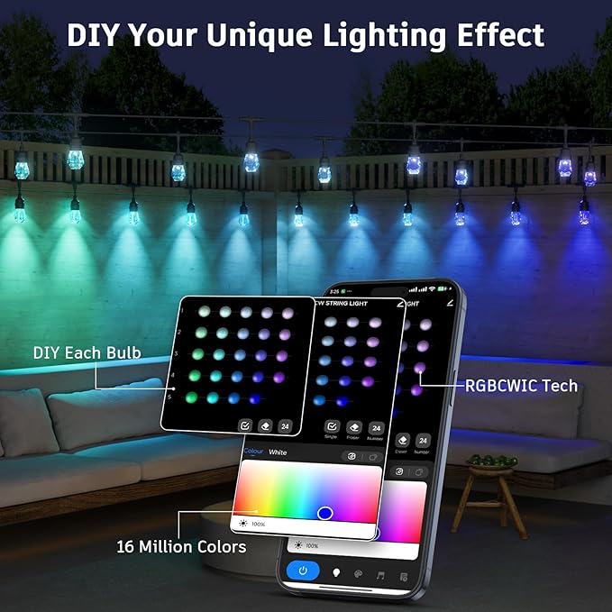 XMCOSY+ Smart Outdoor String Lights - 123ft RGBCWIC Patio Lights with 40 Color Changing Bulbs, LED String Light for Outside Backyard Bistro Party, APP WiFi Control, Work with Alexa, IP65 Waterproof-VerdiqueGarden