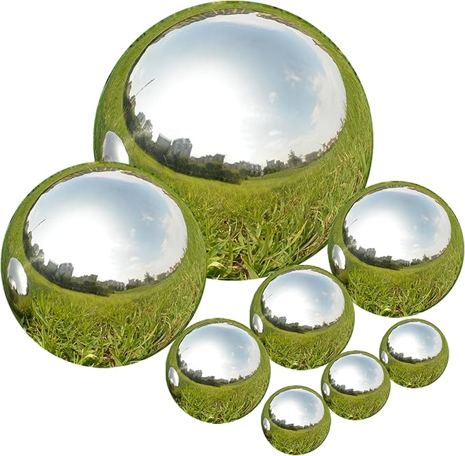 Nerien Gazing Ball, Stainless Steel Garden Mirror Globe, Polished Ornament Sphere, Hollow Floating Reflective Hemisphere, for Home Outdoor Pond Housewarming Swimming Pool Decoration, Silver, 8Pcs-VerdiqueGarden