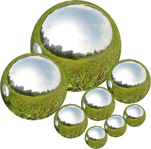 Nerien Gazing Ball, Stainless Steel Garden Mirror Globe, Polished Ornament Sphere, Hollow Floating Reflective Hemisphere, for Home Outdoor Pond Housewarming Swimming Pool Decoration, Silver, 8Pcs-VerdiqueGarden