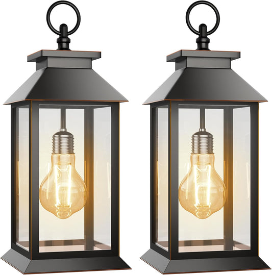 2 Pack Hanging Solar Lanterns Glass Solar Lights Outdoor Waterproof Upgraded Solar and 2 AA Batteries Powered, for Outside Porch, Patio and Indoor Tables, Mantelpiece-VerdiqueGarden