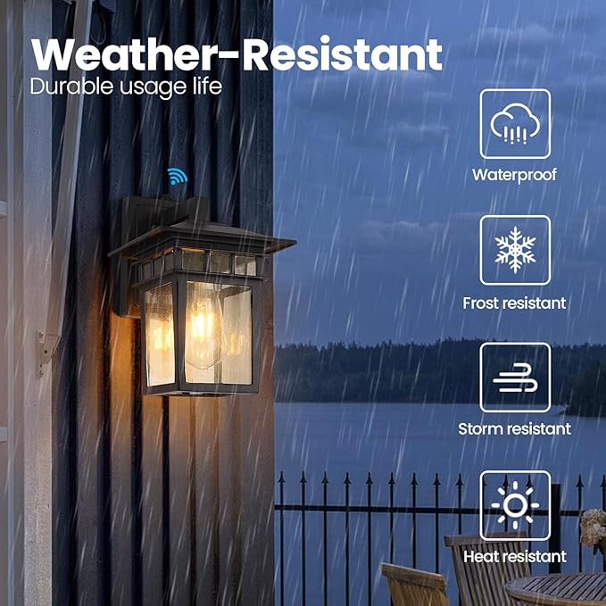 Outdoor Wall Lantern, Exterior Lighting Fixtures Wall Mount, 2 Pack Black Outdoor Sconce with Seeded Glass, Dusk to Dawn Exterior Porch/Patio Lights for House Front Door Garage-VerdiqueGarden