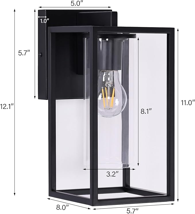 Pia Ricco Outdoor Wall Lights, Outdoor Wall Lantern with Circular Clear Glass Shade, Waterproof Exterior Lighting Fixtures, Modern Front Porch Lighting for House, Garage, E26 Base, ETL Listed, Black-VerdiqueGarden