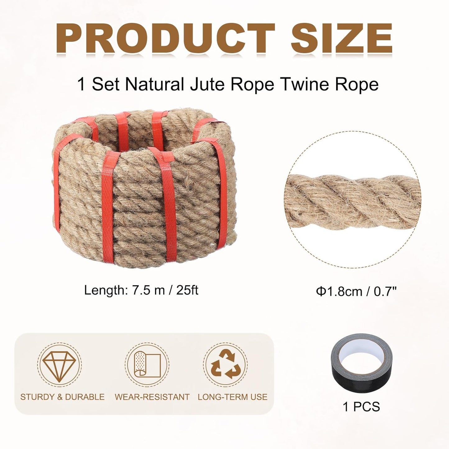 MECCANIXITY Jute Rope 25ft x 0.7 Inch, Thick Twine Rope Ropes Braided Jute Twine Natural Brown Burlap Cord String Heavy Twisted with Tape for Decorative Crafts Railing Swing Tug of War-VerdiqueGarden
