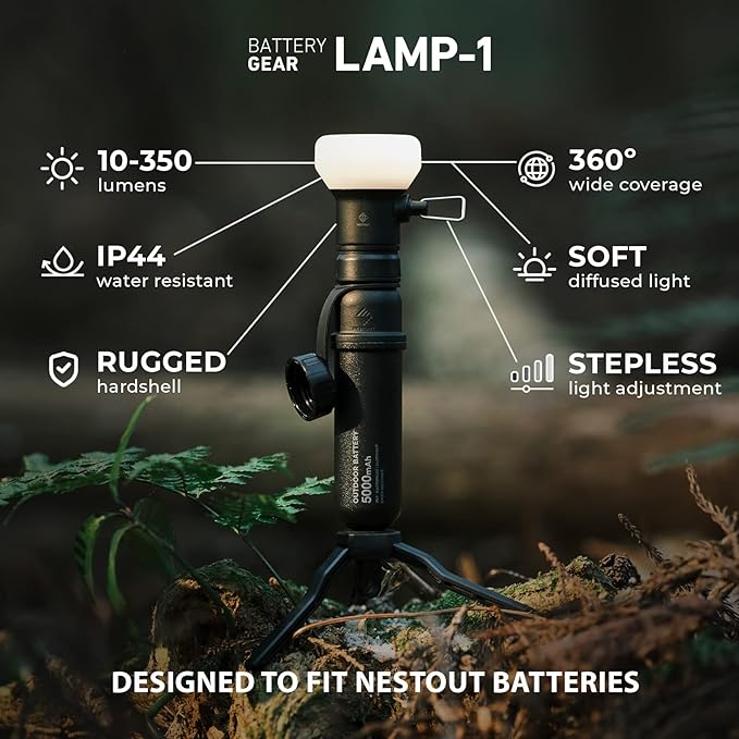 ELECOM NESTOUT Outdoor Camping LED Lantern w/ Mini Tripod, Dimmable USB Powered Soft LED Light, IP44 Water Dust Resistant, 10-350 Lumen, Portable Lamp for NESTOUT Power Bank, Black (LAMP-1)-VerdiqueGarden