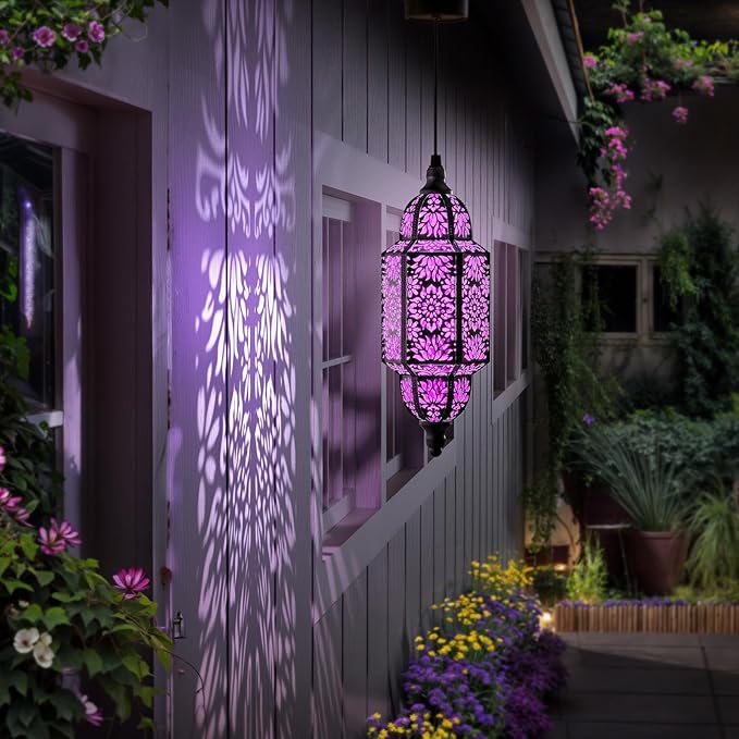 Twinkya 2 Pack Hanging Solar Lights Outdoor Garden Decorative Solar Lantern Waterproof Metal Moroccan Outdoor Decorations for Patio Pathway Yard Porch Backyard Garden Decor (Purple, 2 Pack)-VerdiqueGarden