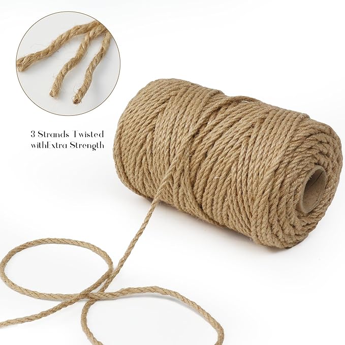 Jute Twine String,328 Feet 5mm Natural Jute Rope,3ply Thin Ribbon Hemp Twine for Gift Wrapping Craft Plant Garden Christmas Handmade Arts Decoration Packing String Home Decor-VerdiqueGarden