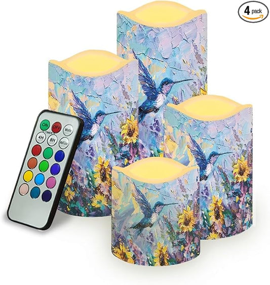 Ystardream Flameless LED Battery Candles Pack of 4 Waterproof Pillar Candles Tealights with 18-Key Timer Remote Colorful Lights for Outdoor Home Decoration Oil Painting Hummingbird-VerdiqueGarden