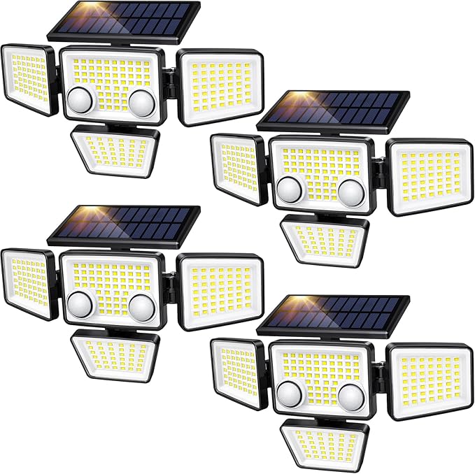 Solar Lights Outdoor - 3000LM 188 LED Motion Sensor Outdoor Lights, 4 Heads IP65 Waterproof Powered Security Flood Lights, 270°Wide Lighting Angle Wall Light with Sensors for Backyard (4 Pack)-VerdiqueGarden