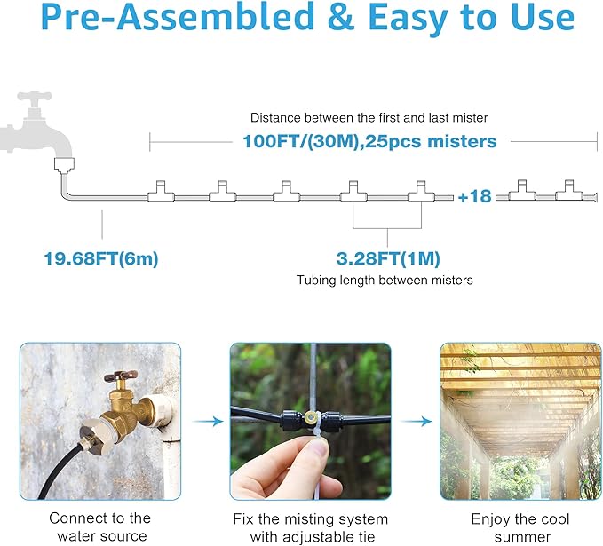 Bonviee Misters for Outside Patio, 100FT Misting Cooling System for Patio, 100FT (30M) Misting Line+28 Mist Nozzles+3/4" Brass Adapter, Pre-Assembled Garden & Greenhouse Watering System-VerdiqueGarden