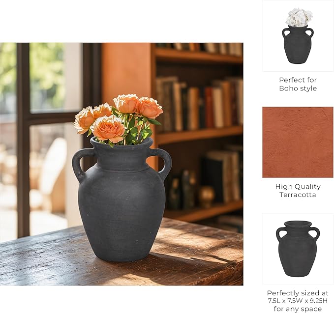 Sagebrook Home Black Boho Terracotta Vase - Amphora-Style Decorative Flower Holder for Home, Office & Living Room - 9" Black-VerdiqueGarden