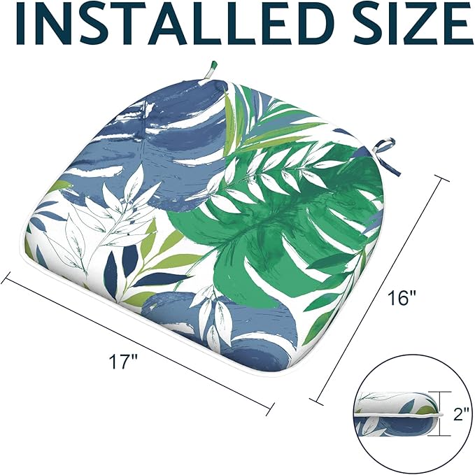 Indoor/Outdoor Chair Cushions 16x17 Inch, Patio Chair Cushions with Ties, All Weather Seat Cushions for Patio Furniture Home Garden Chair Use, Set of 4, Islamorada Blue Green-VerdiqueGarden