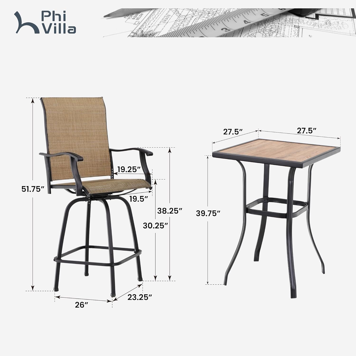 PHI VILLA 3 PCS Patio Swivel Bar Sets Textilene High Bistro Sets with 2 Outdoor Bar Stools and 1 Square Bar Table, Brown-VerdiqueGarden