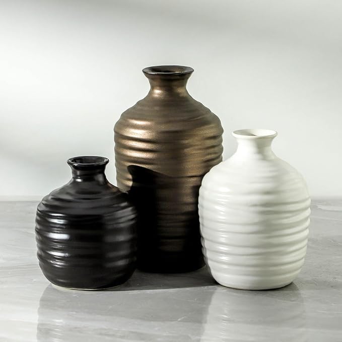 Ceramic Vase Set of 3 Decorative Vase for Home Decor Modern Farmhouse Decor Pottery Neutral Vases for Living Room Bathroom Table Mantel Fireplace Entryway Shelf (02-Metallic)-VerdiqueGarden