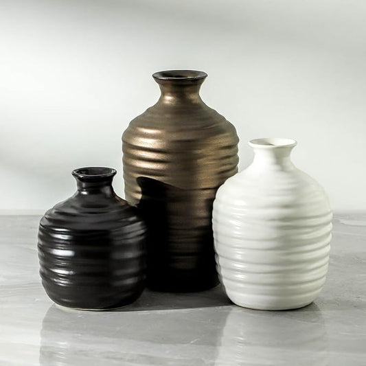 Ceramic Vase Set of 3 Decorative Vase for Home Decor Modern Farmhouse Decor Pottery Neutral Vases for Living Room Bathroom Table Mantel Fireplace Entryway Shelf (02-Metallic)-VerdiqueGarden