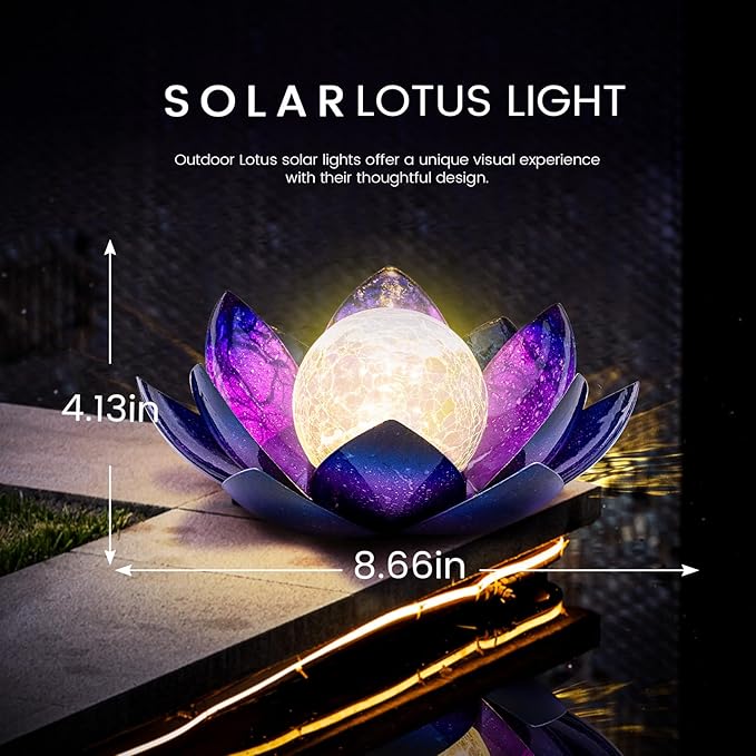 Huaxu Solar Lights for Outdoor Decor, Purple Lotus Flower Light, Waterproof LED Crackle Globe Glass Lamp for Garden, Patio, Yard, Porch, Pathway, Ground, Tabletop Christmas Gifts for Mom,Women-VerdiqueGarden