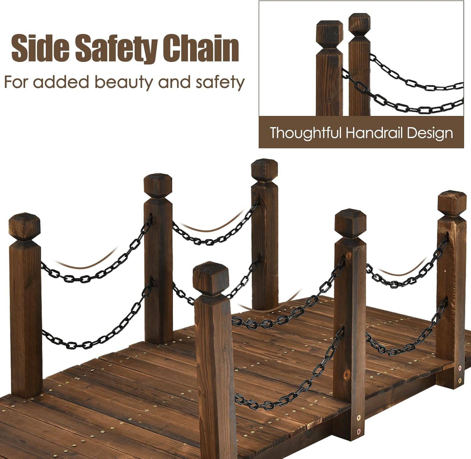 Tangkula 5 FT Wooden Garden Bridge, Arc Footbridge w/Safe Chain Railings, Outside Small Arc Pond Bridge, Decorative Fir Bridge for Landscaping Garden, Pond, Stream, Courtyard, Holds up to 400 LBS-VerdiqueGarden
