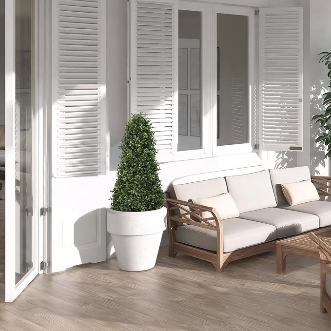 3ft Artificial Boxwood Topiary Trees (Set of 2) - UV Resistant Faux Plants Outdoor, Realistic 36" Fake Cone Bushes and Shrubs for Front Porch, Planter, Patio - Low Maintenance & Evergreen-VerdiqueGarden