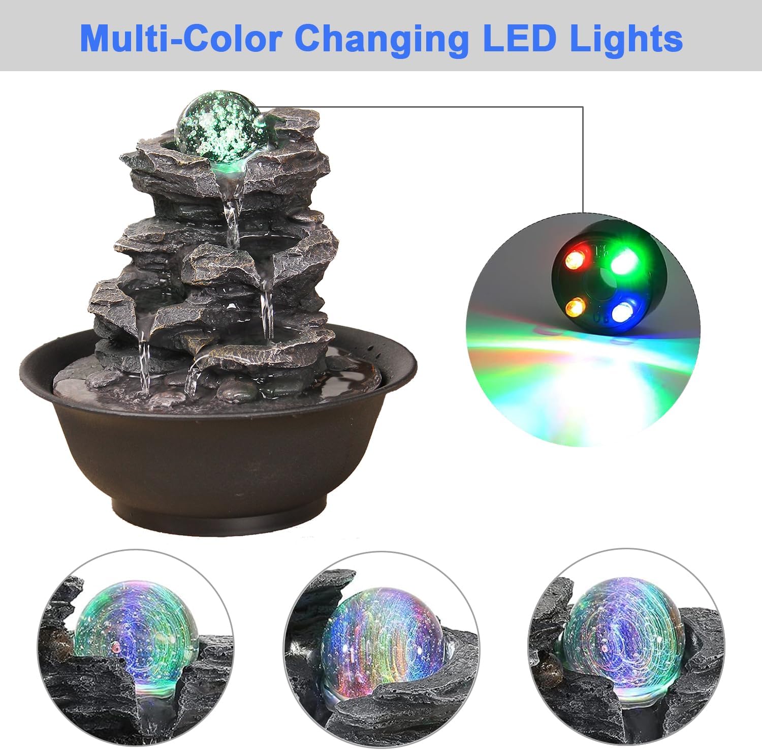 Rock Cascading Tabletop Fountain with Spinning Ball, Zen Meditation Indoor Waterfall Feature with LED Light for Home Office Bedroom-VerdiqueGarden