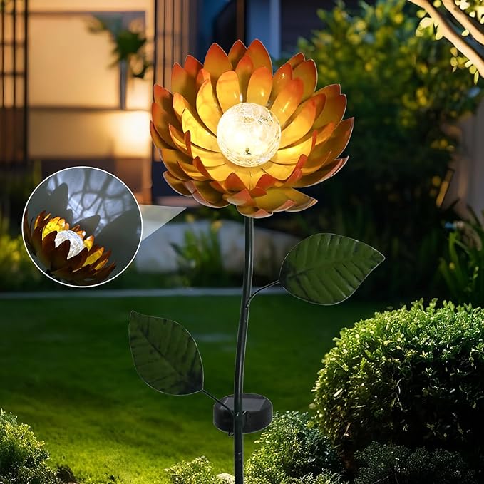 VCUTEKA Solar Garden Lights Metal Flower Decor Colorful Yellow Flowers Solar Pathway Light with LED Cracked Crystal Ball Outdoor Decorative Stake for Patio Yard Lawn-VerdiqueGarden