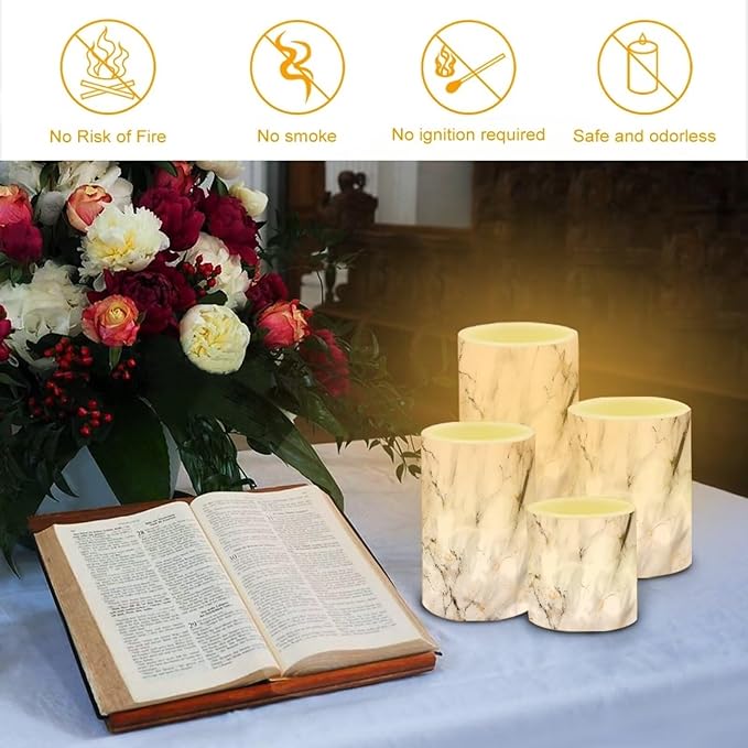 Flameless LED Battery Candles 4 PCS Pillar Candles with 18-Key Timer Remote Control Colorful Lights for Table Centerpiece Home Indoor Wedding Decoration, White Grey Marble-VerdiqueGarden