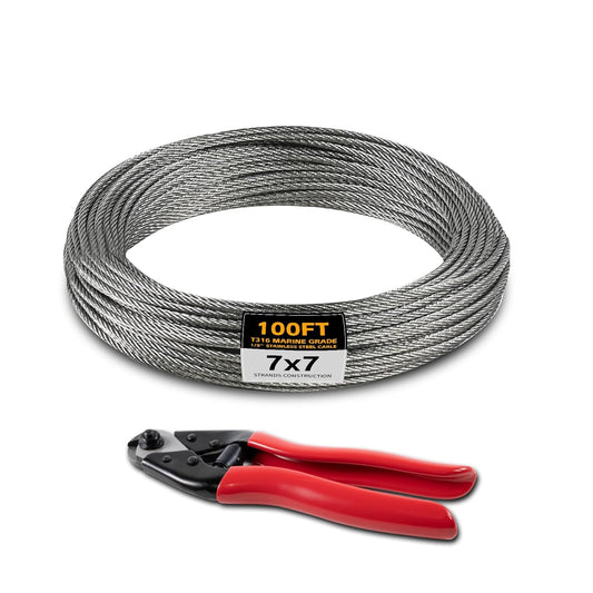 100F 1/8" Stainless Steel Cable,Wire Rope with Cutter 7x7 Strands,1800 lb Breaking Strength, T316 Aircraft Cable for Deck Railing, Stair, Fence, Silver-VerdiqueGarden