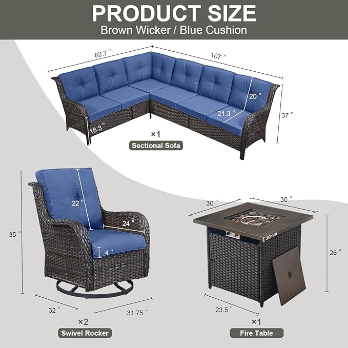 Outdoor Sectional Sofa Furniture Set with Propane Fire Pit Table, Wicker Patio Conversation Set with 2 Swivel Glider Rocker Chairs Blue Cushion Perfect for Backyard Casual Gathering-VerdiqueGarden