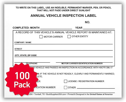 100 Pack Buck Annual Vehicle Inspection Label, 2-Ply Adhesive Vinyl with Mylar Laminate, FMCSA & DOT Compliant, Weatherproof, Tear Resistant, Easy to Write On, 5" x 4" - Made in USA-VerdiqueGarden