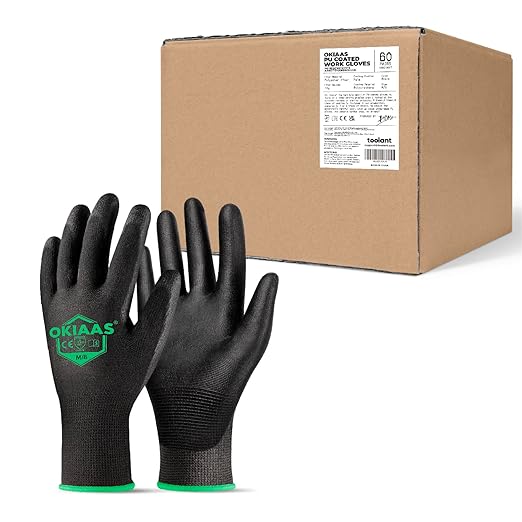 OKIAAS Work Gloves for Men，Ultra Thin and Lightweight Working Gloves with Grip, Bulk Case of 60 Pairs Construction Gloves with Polyurethane Coating, Safety Gloves for Light Duty Work (Black, Medium)-VerdiqueGarden