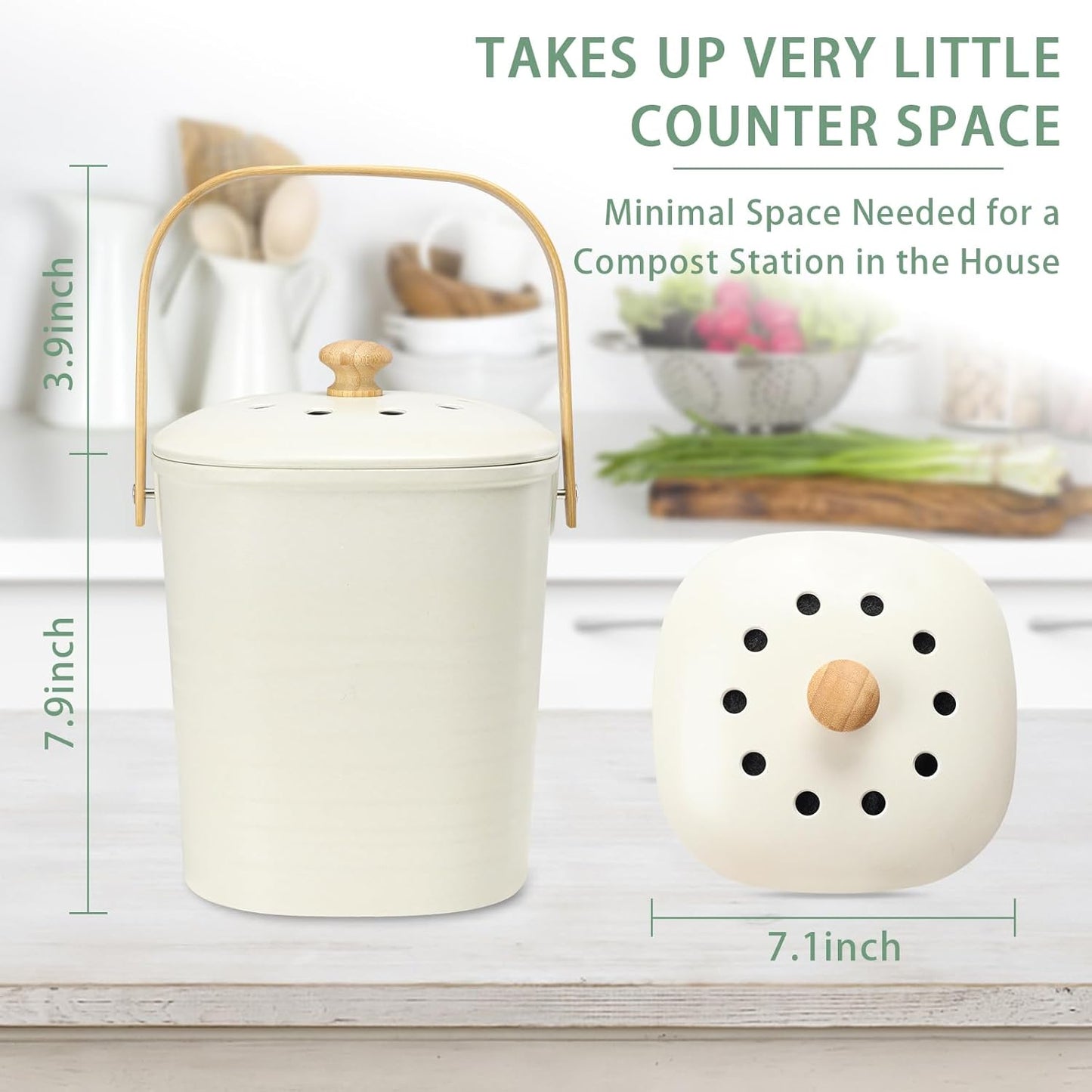 Vipush Bamboo Fiber Compost Bin with Lid Small Countertop Compost Bin Includes Charcoal Filter, Beige-VerdiqueGarden