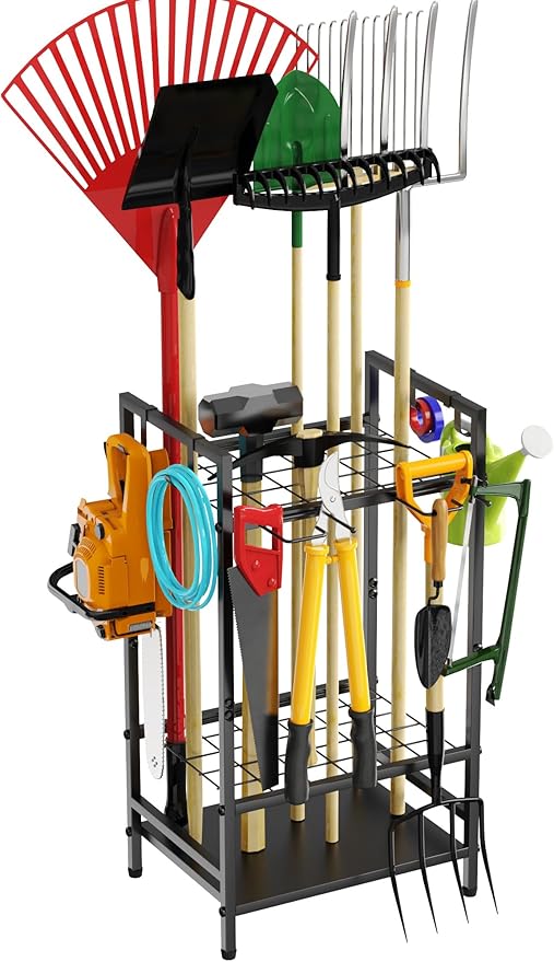 Garden Tool Organizer Rack for Garage, Yard Tool Tower Rack Organizer, Tools Stand Storage with Hooks Black Metal Garden Tools Holder for Yard Shed Garage Organization-VerdiqueGarden