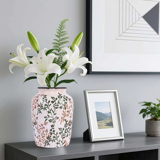 Vintage Vase for Flowers,Green Chinoiserie Ceramic Vase,Rustic Farmhouse Cracked Vases,for Flower Arrangement,Living Room, Office, Shelf, Fireplace Tables,Centerpieces,Chinoiserie Pottery Decor(D)-VerdiqueGarden