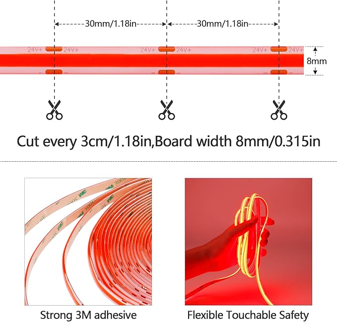 32.8ft(10M) DC 24V Red COB LED Strip Light IP65 Waterproof 3840LEDs Uniform Glow Dotless Flexible LED Tape Lights for DIY Garden Backyard Hallways Stairs Decoration(No Power Supply)-VerdiqueGarden
