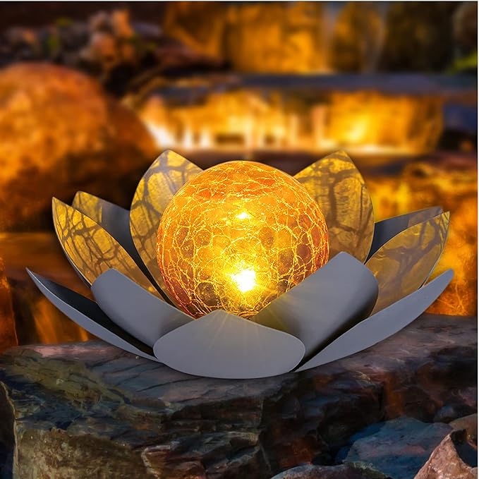 Huaxu Solar Lights Outdoor Garden Decor , Amber Crackle Globe Glass Lotus Decoration,Waterproof Gray Metal Flower Light for Patio,Lawn,Walkway,Tabletop,Ground-VerdiqueGarden