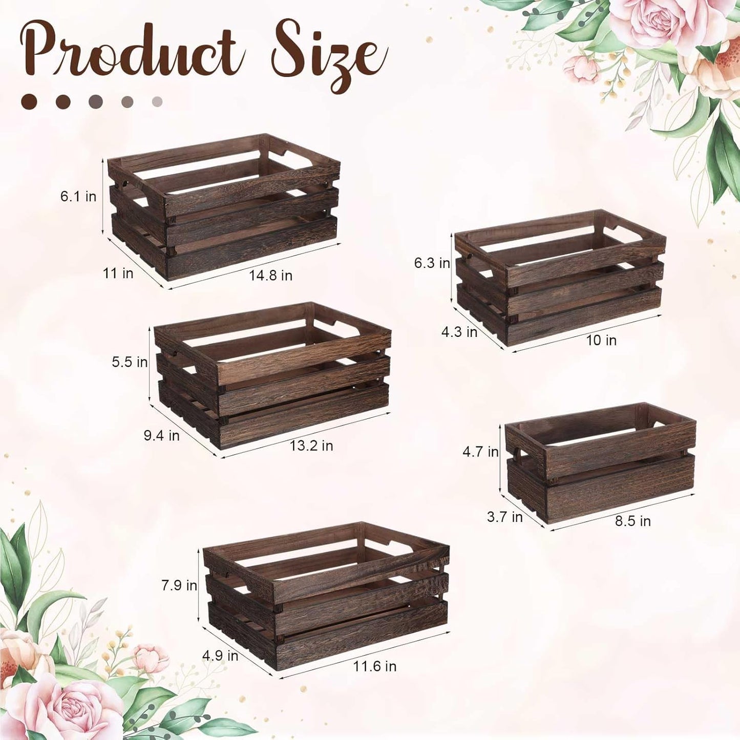 Soaoo 5 Pcs Decorative Nesting Wooden Crates for Storage Display 5 Size Large Small Rustic Wood Decorative Storage Crates with Handle Farmhouse Crate Box Container Made from Pine(Vintage Black)-VerdiqueGarden