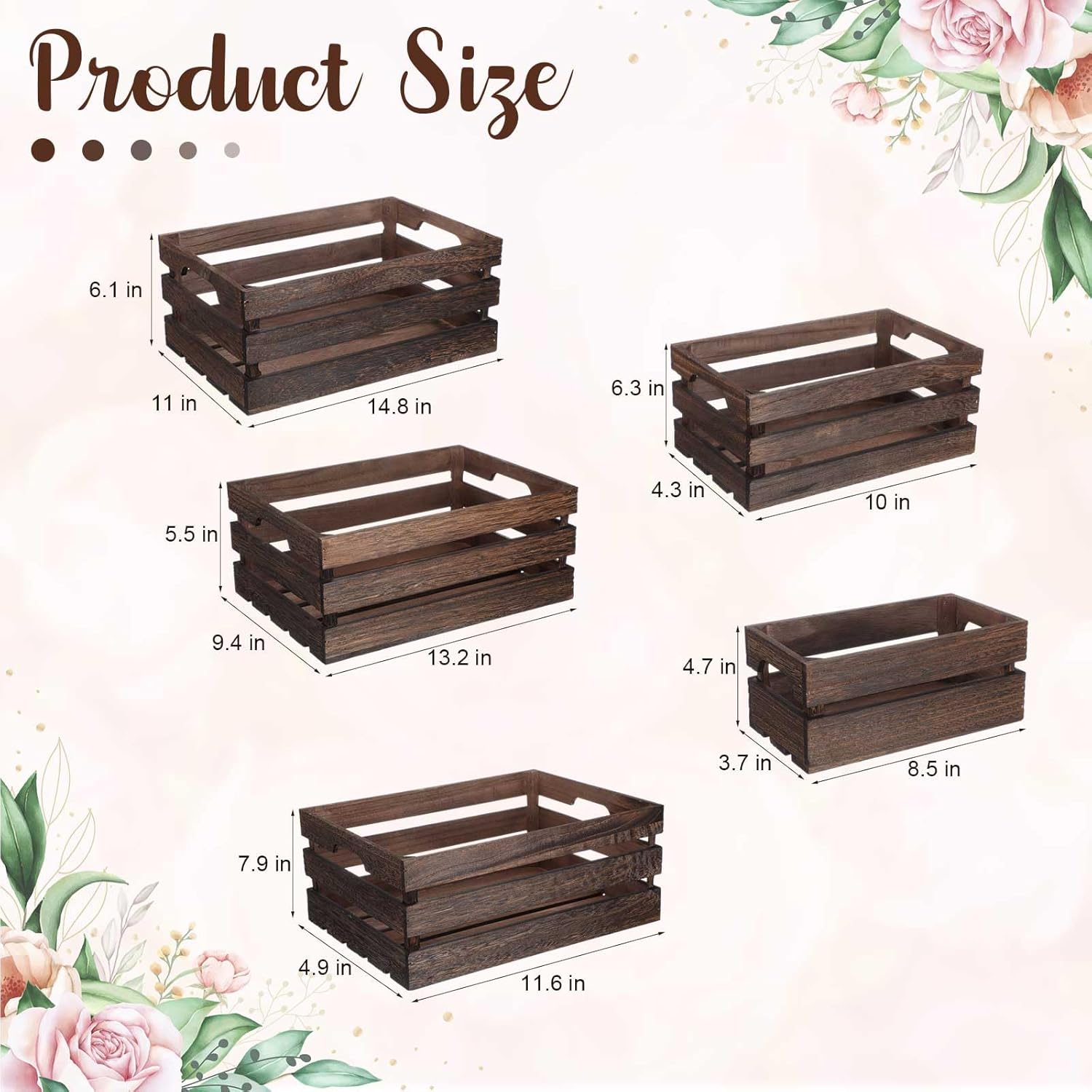 Soaoo 5 Pcs Decorative Nesting Wooden Crates for Storage Display 5 Size Large Small Rustic Wood Decorative Storage Crates with Handle Farmhouse Crate Box Container Made from Pine(Vintage Black)-VerdiqueGarden