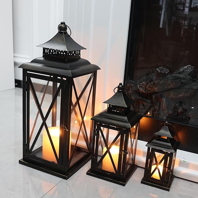 DECORKEY 3PCS (20’’&13’’&9’’) Lanterns Decorative Indoor & Outdoor, Vintage Metal Frame Candle Holders for Front Porch, Patio, Pathway, Balcony, Garden, Yard Decor, Halloween Christmas Decorations-VerdiqueGarden