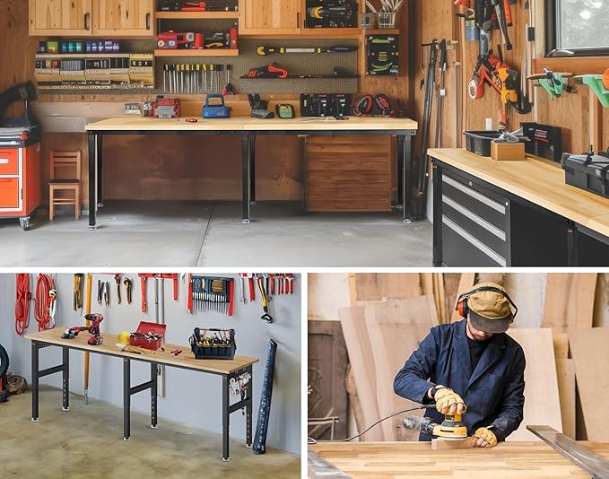 96”Adjustable Work Bench, 5000 LBS Capacity Heavy Duty Workbench with Power Outlet & Pegboard, Rubber Wood Work Table for Garage, Workshop, Office, Home-VerdiqueGarden