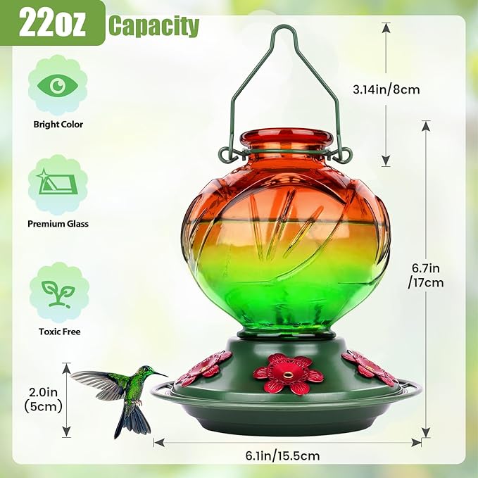 BOLITE Hummingbird Feeder, Glass Hummingbird Feeders for Outdoors Hanging, 22 Ounce, Five Feeding Ports with Perch, Peony Flower Shape, Orange and Green, Gifts for Women Men, Gifts for Mom Dad-VerdiqueGarden