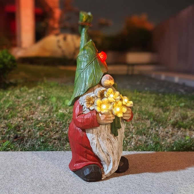 Garden Gnome Statue Outdoor Decor, Solar Garden Gnome Figurine Light, Resin Statues Sculpture for Patio Yard Lawn Outdoor Decorations-VerdiqueGarden