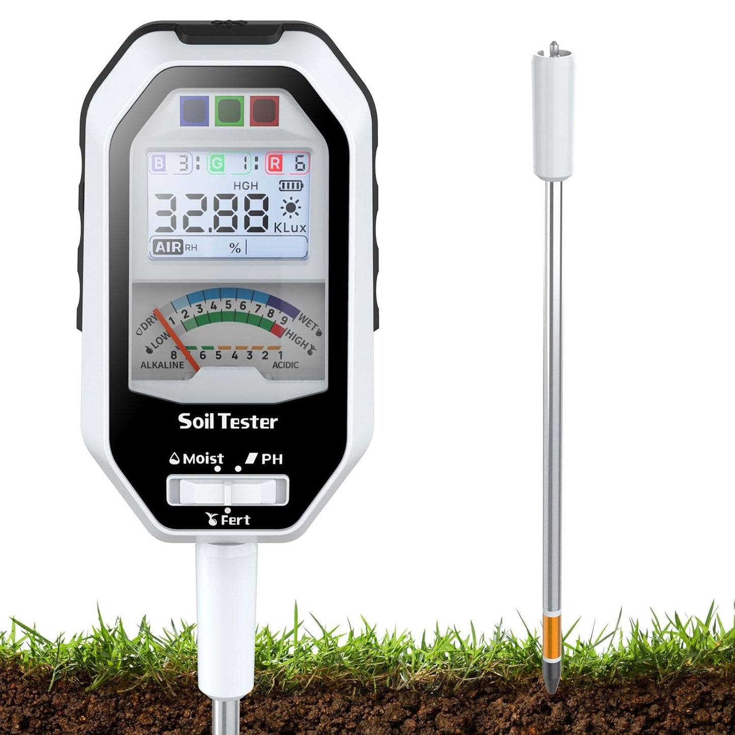 Soil Moisture Meter, 7-in-1 Soil PH Tester/Soil Moisture/Fertility with Removable Probe, Digital Air Temp/Humidity/Sunlight Intensity/BGR Spectral for Plants Gardening, Lawn and Indoor Outdoor Plants-VerdiqueGarden