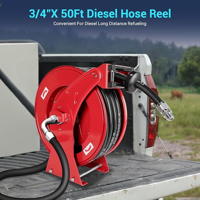 Fuel Hose Reel, 3/4" x 50FT Retractable Diesel Hose Reel, 300 PSI Industrial Heavy Duty Auto Swivel Rewind Hose Holder Reels, for Vehicle Tank Truck Trailer Ship-VerdiqueGarden