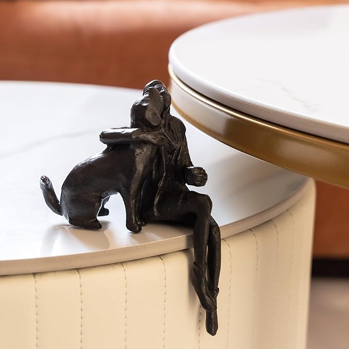 Cast Iron Sitting Woman and Dog Statue, Love Figurine, Gifts for Dog Lovers, Memorial Gifts for Women and Girls, Black-VerdiqueGarden